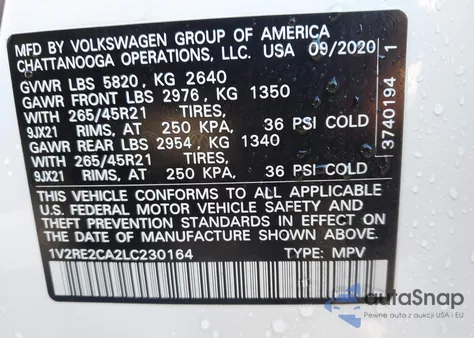 2020 Volkswagen Atlas Cross Sport 3.6L V6 Sel R-Line from USA, damaged, VIN 1V2RE2CA2LC230164